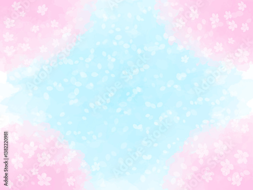 春の桜と花びらと青空イメージのテクスチャー背景素材。桜並木と桜吹雪のイメージ。