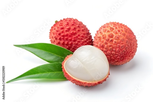 Fresh Lychee Fruit with Green Leaves on White Background
