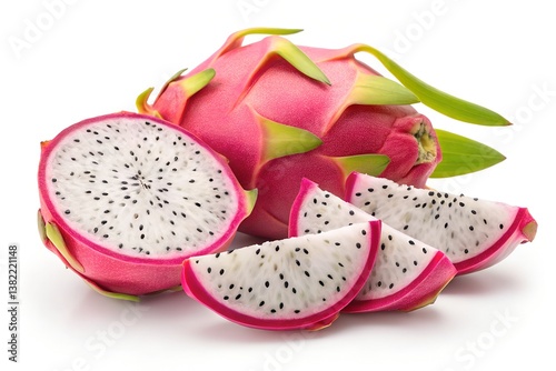 Whole and Sliced Pink Dragon Fruit Isolated on White Background