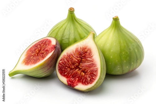 Fresh Green Figs Whole and Halved on White Background