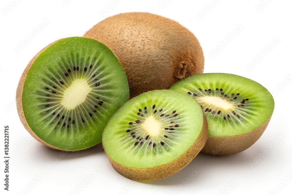 Whole and sliced kiwi fruit with bright green flesh and black seeds, isolated on a white background Whole and sliced kiwi fruit with bright green flesh and black seeds, isolated on a white background