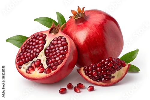 Fresh Whole and Sliced Pomegranate with Seeds and Green Leaves on White Background