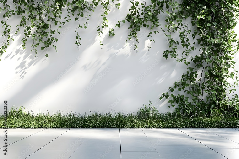 Fototapeta premium Green grass and white wall in a garden against a white backdrop,