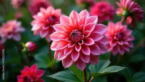 Intricate dahlia blooms, vibrant petals, lush foliage, garden, art, leaves