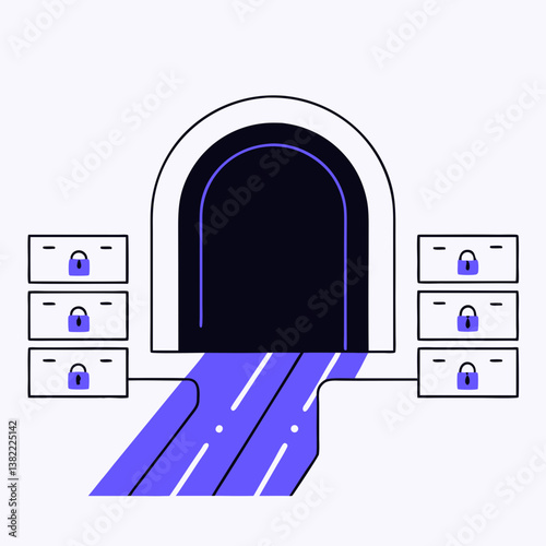 VPN Security: A VPN tunnel visualizing encrypted data traffic for online privacy. Ideal for teaching secure browsing practices.