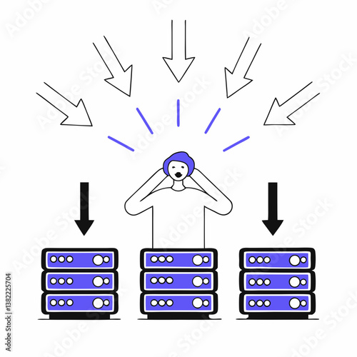 DDoS Attack: A network overwhelmed by traffic, representing a Distributed Denial of Service attack. Best for educating on DDoS protection.