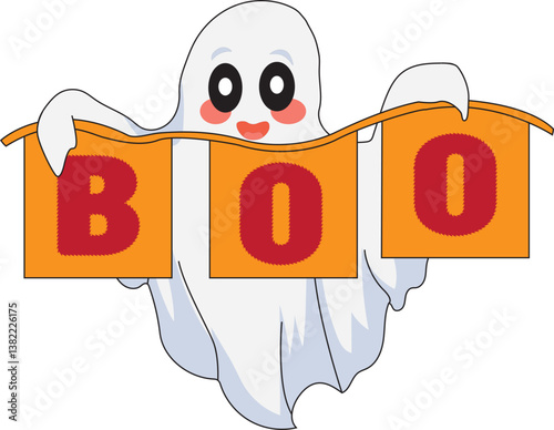 Cute Ghost With Boo Flag Vector
