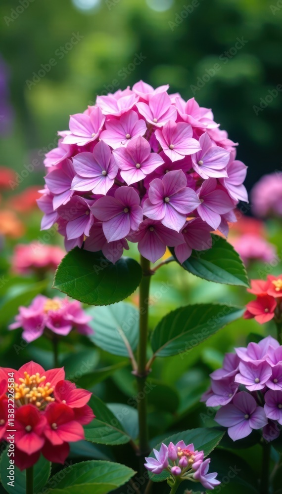 Fototapeta premium A large hydrangea flower opens its petals in the center of a lush garden, with various colorful flowers blooming around it, garden scene, floral arrangement