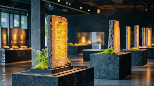 Modern museum gallery interior with illuminated golden display pedestals, Minimalist exhibition space with contemporary architectural design