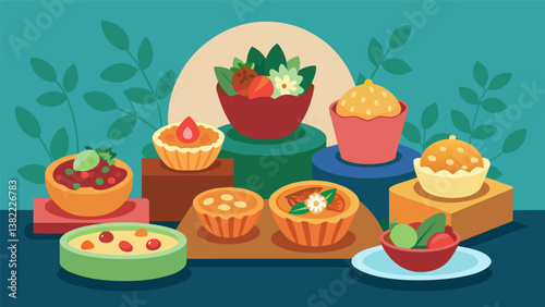 A selection of mini quiches veggie frittatas and homemade fruit muffins.. Vector illustration