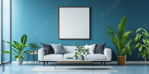 Innenarchitektur eines modernen Wohnzimmers mit Posterrahmen-Attrappe, farbenfrohen Dekorationen und Accessoires, Pflanzen, Sofa und Couchtisch. Blaue Wand. Wohndeko. Vorlage.