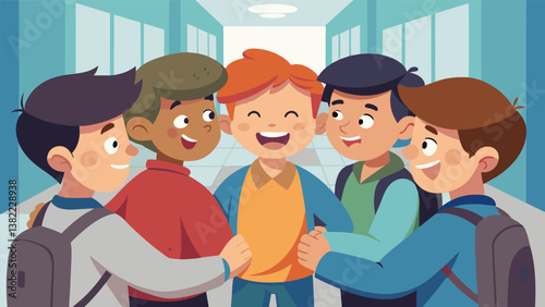 A group of boys huddled in a tight circle exchanging inside jokes and reminiscing about old times as they caught up in the familiar surroundings of the school hallway.. Vector illustration