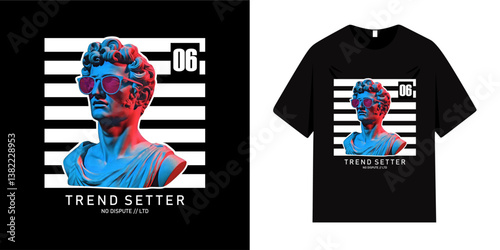 Graphic t-shirt design with ancient statue and slogan. Vintage typography. Trendy greek god statue. Vector illustration, ready to print on t-shirts, posters, apparel, shirts and fashion.