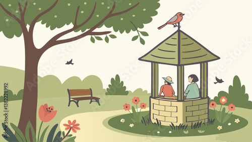 Feeder for birds and flowers on the park.