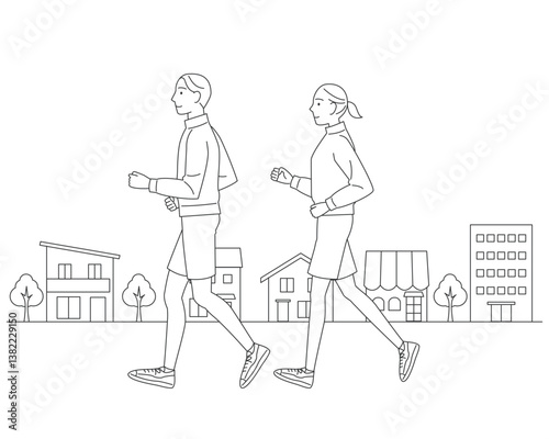 ジョギングをする男性と女性　カップル　ランニング　背景あり　線画