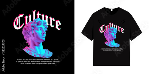 Graphic t-shirt design with ancient statue and slogan. Vintage typography. Trendy greek god statue. Vector illustration, ready to print on t-shirts, posters, apparel, shirts and fashion.