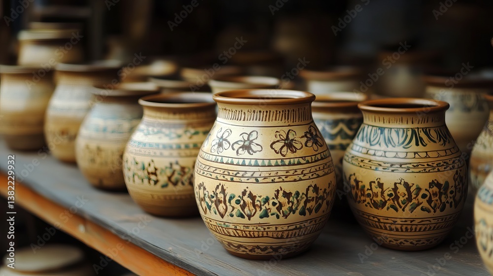 Handmade pottery handicrafts with intricate designs and earthy tones Handmade pottery handicrafts with intricate designs and earthy tones