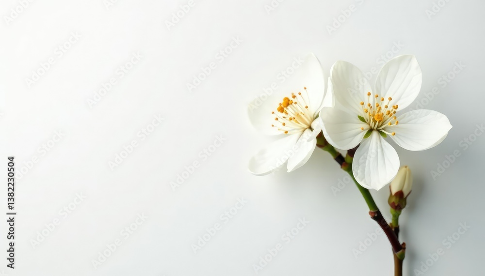 Delicate white blossom against pure white backdrop, beauty, serenity Delicate white blossom against pure white backdrop, beauty, serenity