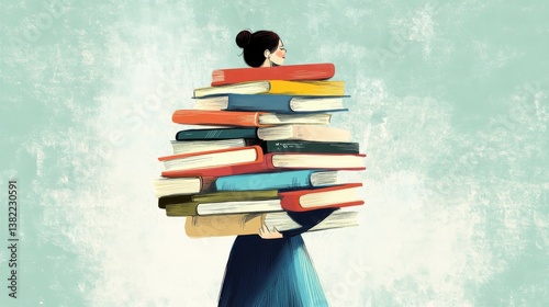 Single one line drawing women carry so many books. World book day concept. Continuous line draw design graphic vector illustration.