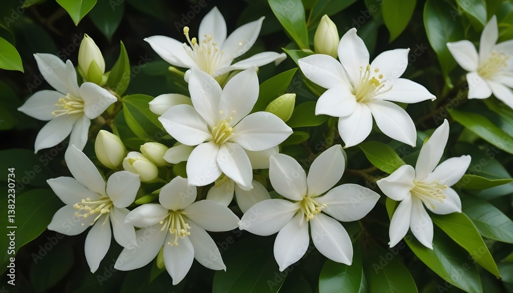 Close-up shot of a cluster of white jasmine flowers with five petals each, set against a backdrop of glossy green leaves Close-up shot of a cluster of white jasmine flowers with five petals each, set against a backdrop of glossy green leaves