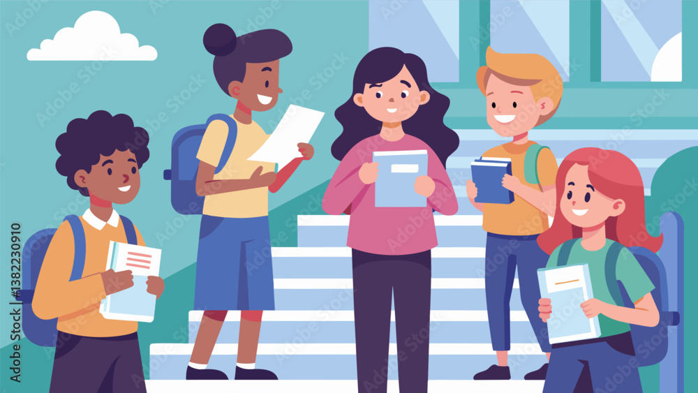 A group of students standing on the school steps handing out flyers promoting their latest antibullying awareness event and inviting their peers to join in on the crusade.. Vector illustration