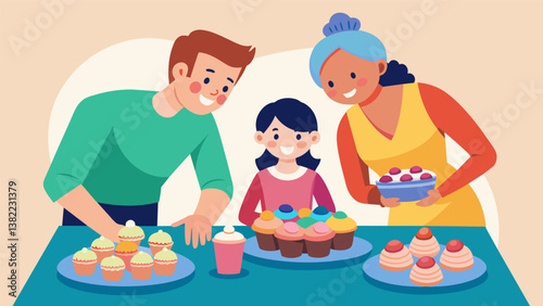 A group of parents huddle around a table carefully arranging trays of assorted cupcakes and cookies for maximum appeal.. Vector illustration