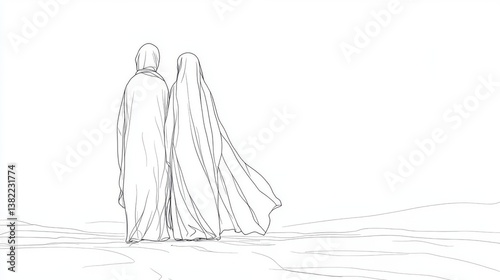 Continuous one line drawing muslim couples wife and husband wearing white traditional clothes for Ihram ready for Hajj. Hajj and umrah concept. Single line draw design vector graphic illustration.