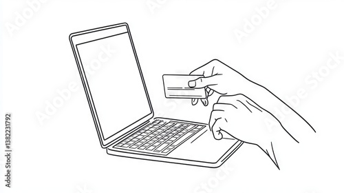 Continuous one line drawing of Using laptop, pay online with credit card. Single line draw design vector graphic illustration.