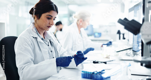 Woman, scientist and DNA test with blood sample for exam, medical discovery or clinic results at laboratory. Female person, doctor or research with RNA for analysis, cure or investigation at lab