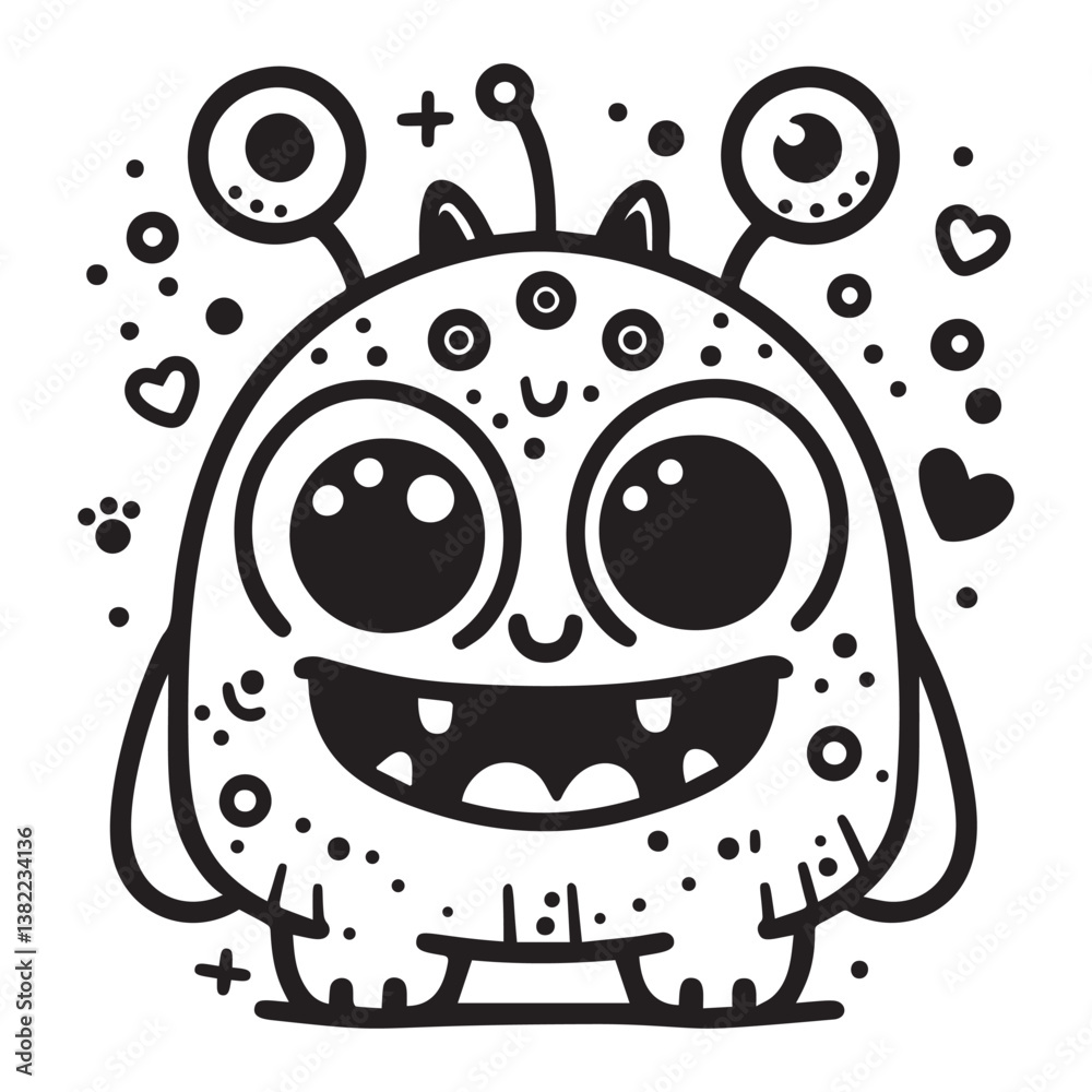 Obraz premium Cute Smiling Alien Monster with Big Eyes and Antennas – Fun Hand-Drawn Cartoon Character for Kids Coloring Page