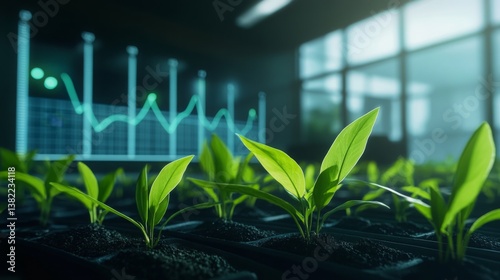 Young plants growing in greenhouse with data visualization in background during daytime
