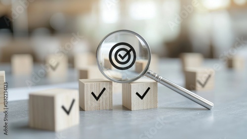 Close-up of magnifying glass focusing on checkmark symbol blocks, concept of quality and approval.