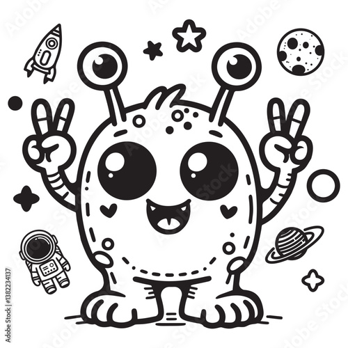 Adorable Alien Character with Peace Signs Coloring Page: Cosmic Fun for Kids