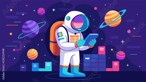 A lone astronaut deep in concentration combing through reams of data to uncover groundbreaking discoveries.. Vector illustration