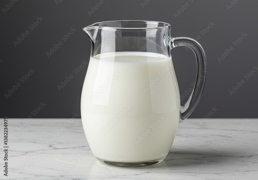 Clear glass pitcher filled with white milk sitting on a marble surface against gray background Clear glass pitcher filled with white milk sitting on a marble surface against gray background