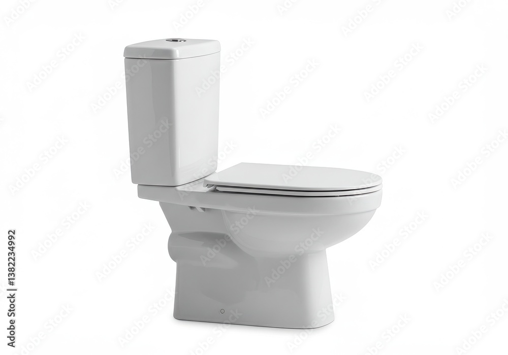 A close up of a white toilet with the lid closed on a white background in a studio setting A close up of a white toilet with the lid closed on a white background in a studio setting
