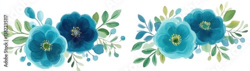 Beautiful teal floral arrangement with lush green leaves and delicate details ideal for backgrounds, invitations, and various design projects