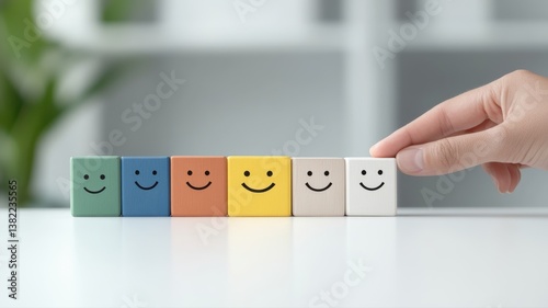 Colorful blocks with smiling faces representing happiness and emotional wellbeing, aligned in aesthetic order.