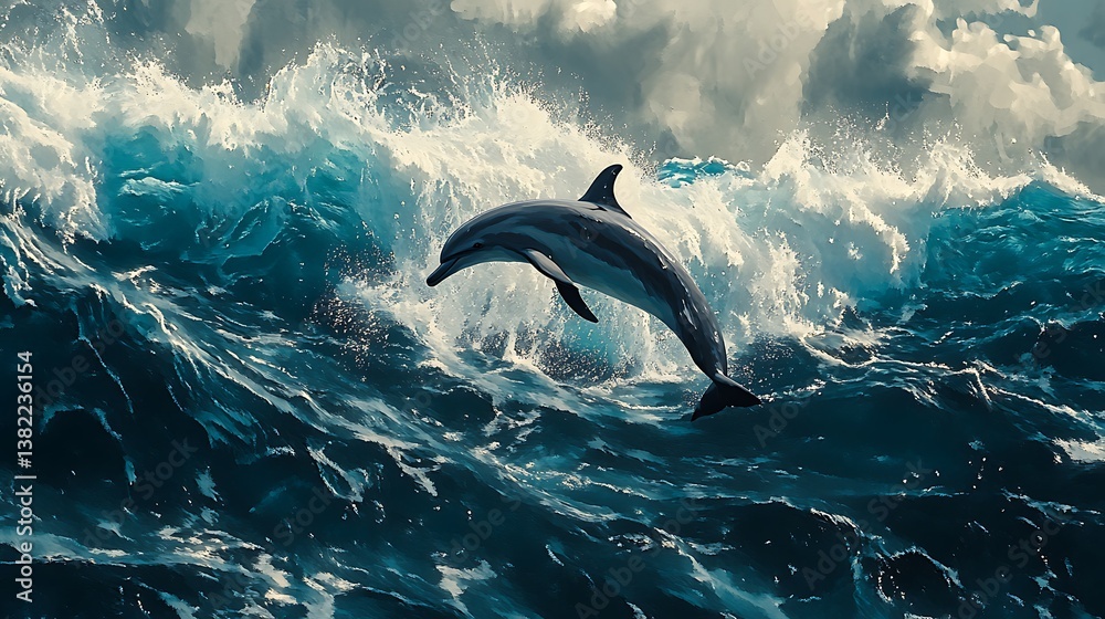 Fototapeta premium Dolphin Leaping Through Ocean Waves: A Majestic Moment of Marine Life