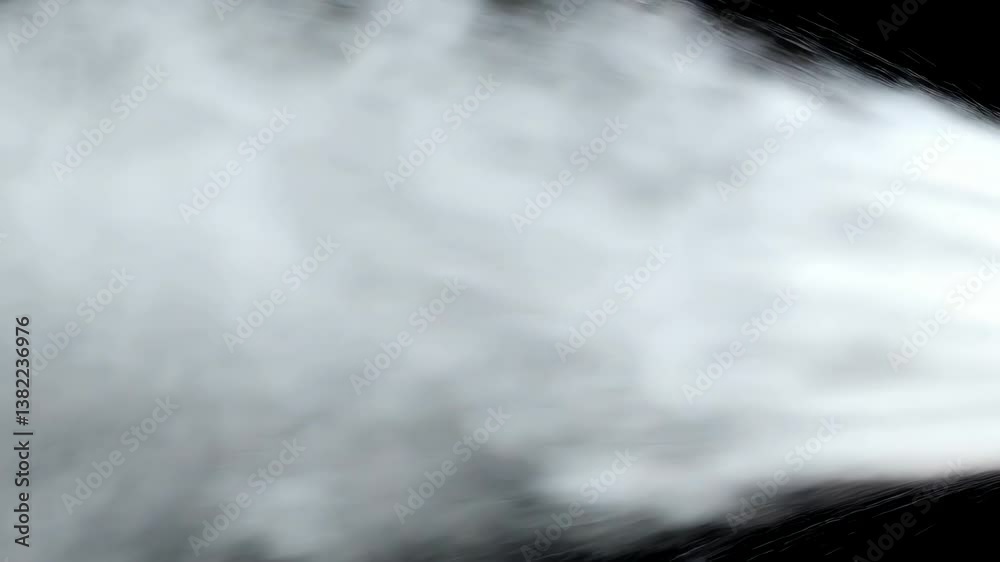 Close-up of fire extinguisher nozzle releasing cloud of white foam. Camera rapidly zooms in, capturing dynamic movement of foam and its rapid expansion