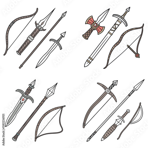 RPG weapon icon set, vector fantasy game sword collection, dungeon dragon battle attack object kit: magic sorcerer staff, warrior dagger, medieval bow, arrow, and character equipment vector 