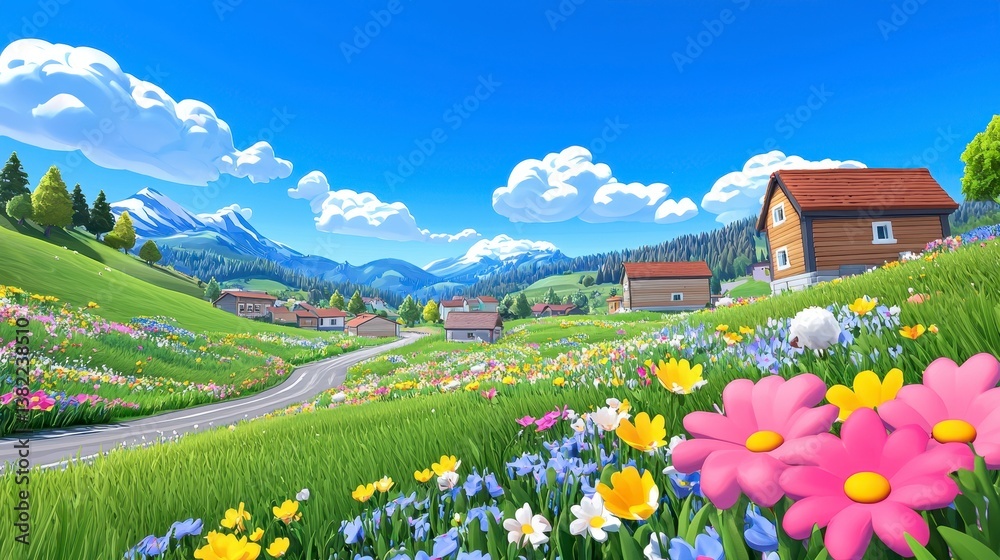 Sunny Day in a Blooming Alpine Village Sunny Day in a Blooming Alpine Village