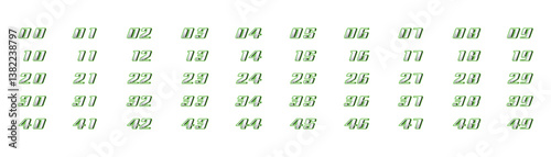 collection of numbers 1 to 50 in green halftone racing style on white background