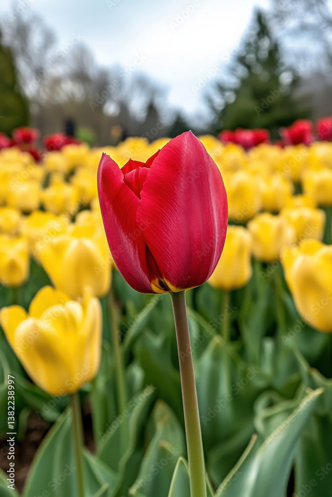 Obraz premium Red Tulip in Field of Yellow Tulips