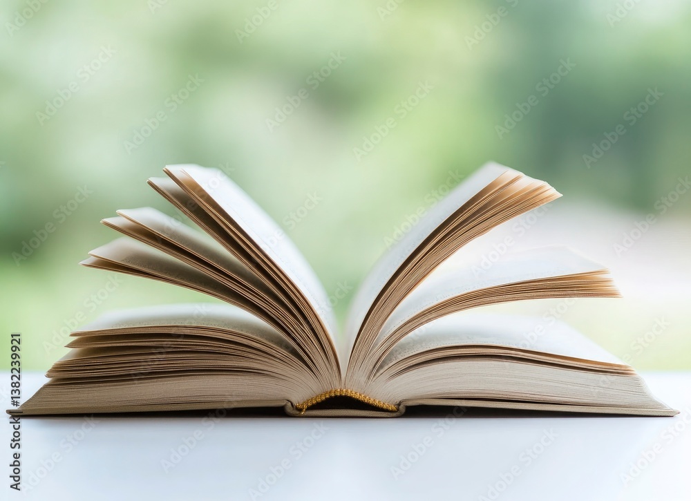 Open Book with Turning Pages on White Table Against Blurred Background