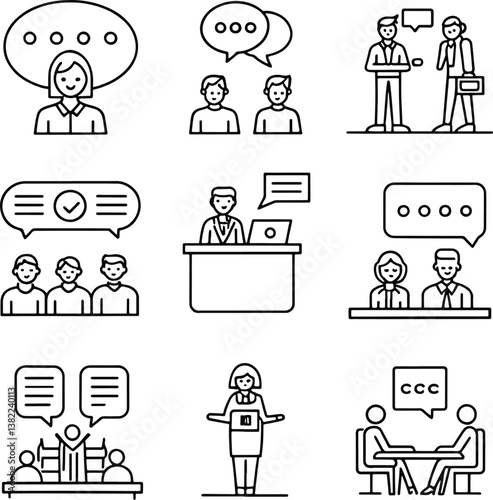 Thin Line Speaking Icons Set – Chat, Dialog, Meeting, Talk, Communication Symbols