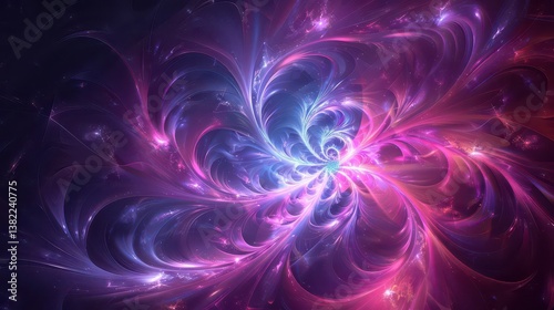 A vibrant, swirling abstract design featuring purple and blue hues, evoking a cosmic feel.