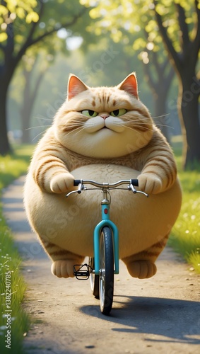 A very fat cat riding a small bicycle, looking extremely serious and determined while exercising