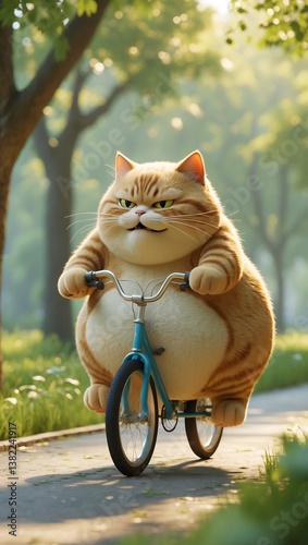 A very fat cat riding a small bicycle, looking extremely serious and determined while exercising