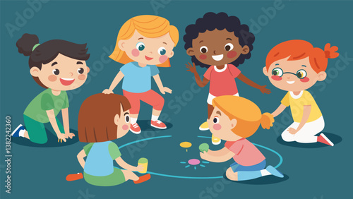 A group of children creating a chalk masterpiece on the blacktop each adding their own unique touch to the drawing while laughing and enjoying each others company.. Vector illustration